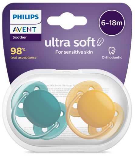Avent Fopspenen Ultra Soft Geel Groen 6 tot 18 Maanden 2 stuks