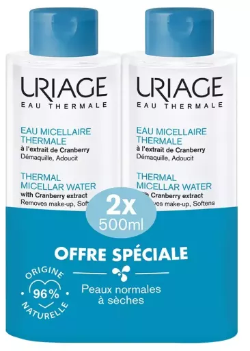 Uriage Thermaal micellair water voor de normale tot droge huid, 2 x 500 ml verpakking